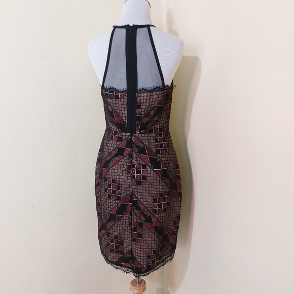 Greylin Burgundy Black Lace Sequin Beaded Detail Bodycon Halter New Years Dress - Picture 4 of 12